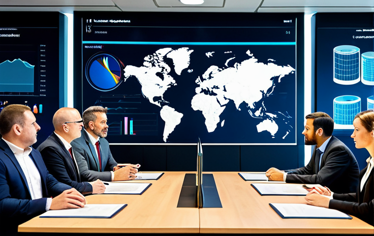 A diverse group of professional individuals from various backgrounds, wearing modest business suits, collaborating in a sleek, modern conference room. Digital displays in the background show abstract, interconnected global data visualizations and intricate network diagrams, symbolizing complex international challenges. The atmosphere is one of focused problem-solving and strategic discussion. perfect anatomy, correct proportions, natural pose, well-formed hands, proper finger count, natural body proportions, professional photography, high resolution, cinematic lighting, vibrant colors, safe for work, appropriate content, fully clothed, professional, family-friendly.