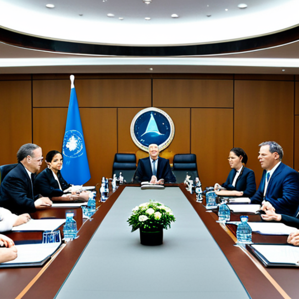 International Space Law Collaboration**

"A professional diplomatic meeting in a modern conference room, delegates from various countries discussing a universal space agreement, fully clothed, appropriate attire, safe for work, perfect anatomy, natural proportions, professional photography, high quality. The atmosphere is collaborative and optimistic, focused on promoting peaceful and sustainable space exploration. Modest professional dress, family-friendly."

**