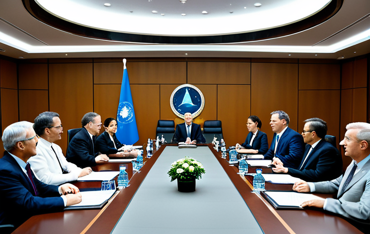 International Space Law Collaboration**

"A professional diplomatic meeting in a modern conference room, delegates from various countries discussing a universal space agreement, fully clothed, appropriate attire, safe for work, perfect anatomy, natural proportions, professional photography, high quality. The atmosphere is collaborative and optimistic, focused on promoting peaceful and sustainable space exploration. Modest professional dress, family-friendly."

**
