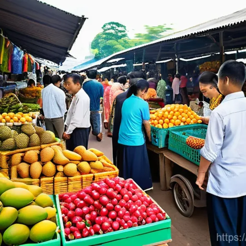 국제경제학 개론 - A vibrant and bustling traditional Thai 'talat' (market) scene, filled with diverse Thai people. Ven...