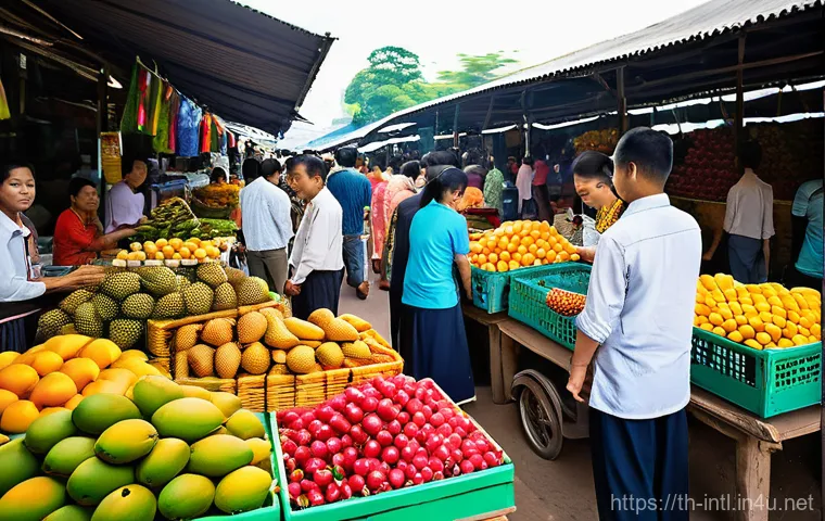 국제경제학 개론 - A vibrant and bustling traditional Thai 'talat' (market) scene, filled with diverse Thai people. Ven...