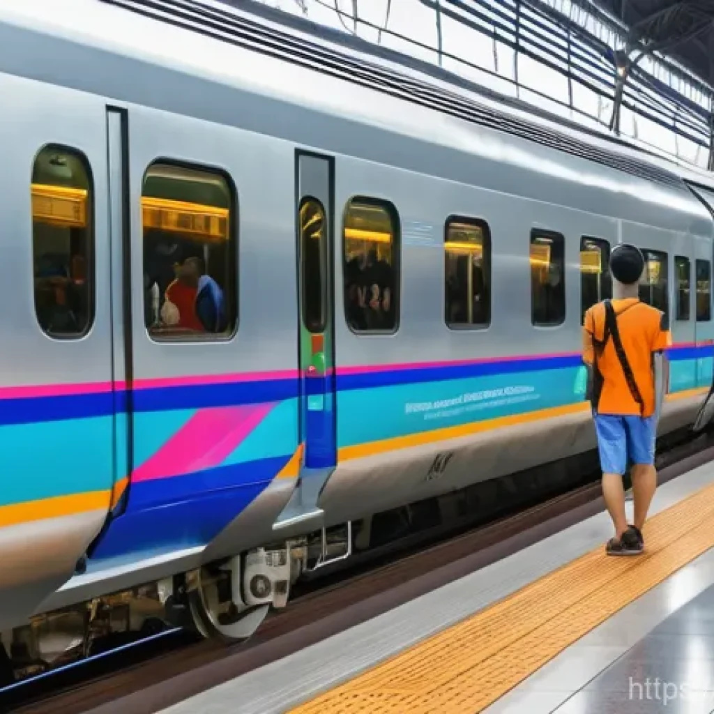 국제 철도망 구축과 협력 사례 - A bustling, brightly lit, modern high-speed train station in Southeast Asia, resembling a grand, con...