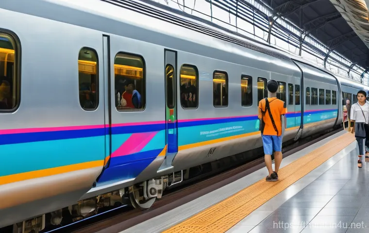국제 철도망 구축과 협력 사례 - A bustling, brightly lit, modern high-speed train station in Southeast Asia, resembling a grand, con...