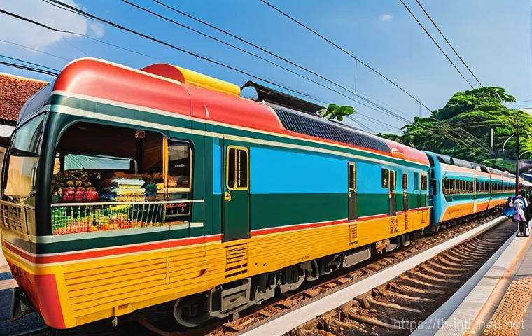 국제 철도망 구축과 협력 사례 - A bustling, brightly lit, modern high-speed train station in Southeast Asia, resembling a grand, con...