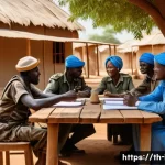 Home 22 국제 분쟁과 평화유지활동 PKO - A peaceful negotiation scene in a rural South Sudanese village, featuring diverse ethnic groups sitt...