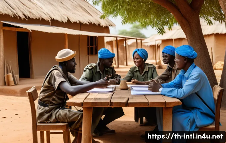 국제 분쟁과 평화유지활동 PKO - A peaceful negotiation scene in a rural South Sudanese village, featuring diverse ethnic groups sitt...
