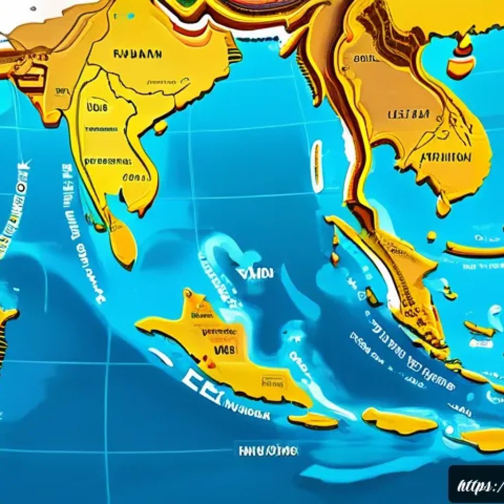 국제 해양법 판례 분석 - A detailed and realistic digital illustration of a maritime boundary map in Southeast Asia, highligh...