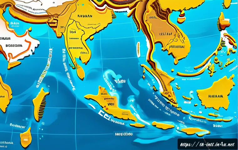 국제 해양법 판례 분석 - A detailed and realistic digital illustration of a maritime boundary map in Southeast Asia, highligh...