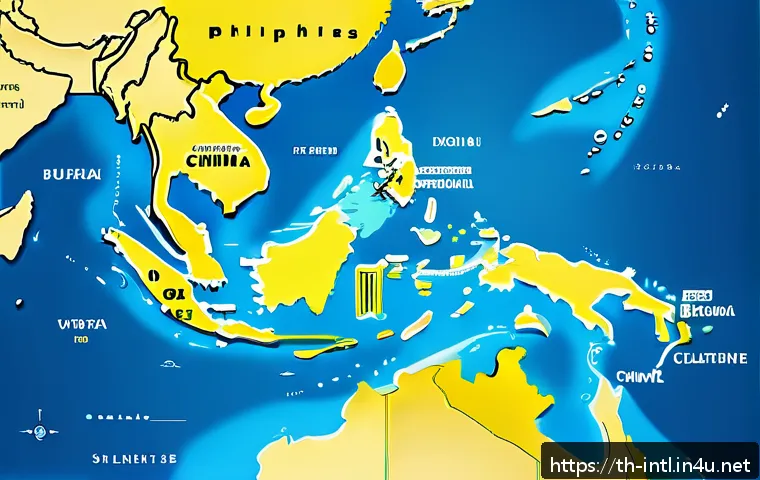 국제 법정 사례 연구 남중국해 판결 - A detailed and realistic map illustration of the South China Sea region, highlighting the overlappin...