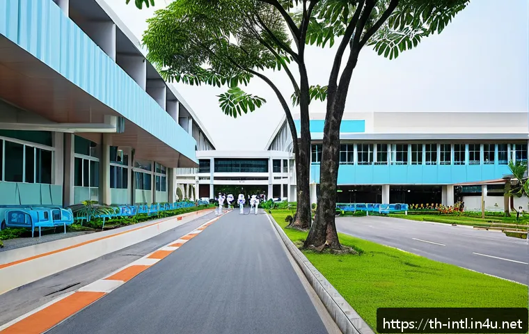 국제 보건 위기 대응 사례 - A modern Thai community hospital exterior during daytime, showing a clean, well-maintained building ...