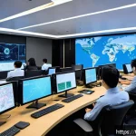 Home 23 사이버 범죄 국제 협력 - A detailed, futuristic international cybercrime coordination center with diverse professionals from ...