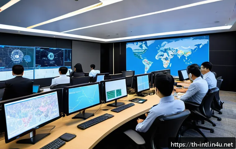 사이버 범죄 국제 협력 - A detailed, futuristic international cybercrime coordination center with diverse professionals from ...