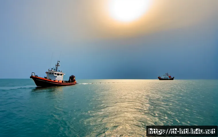Home 17 국제 해양법과 해양 분쟁 - Photorealistic wide-angle scene of a calm maritime boundary patrol in the Gulf of Thailand, two unma...