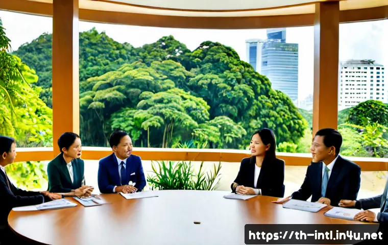 국제 환경 협약과 정책 - Photorealistic international environmental policy meeting in a modern Bangkok conference room, Thai ...