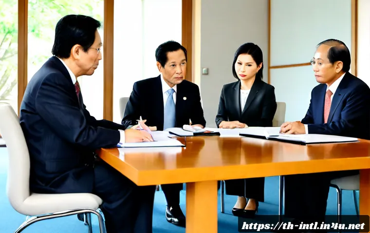 Home 29 일본의 외교 정책 변화 - Photorealistic diplomatic meeting illustrating Japan’s evolving foreign policy, Japanese and Thai se...