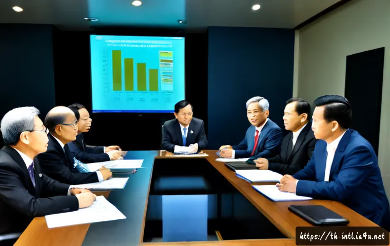 국제 원자력 정책과 안전규정 - Photorealistic international nuclear safety policy meeting in a modern Bangkok government conference...